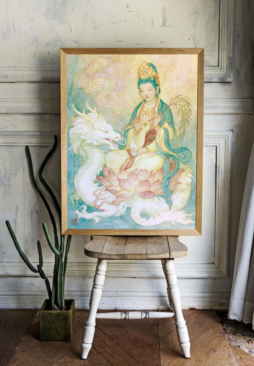 Guanyin and Dragon Watercolor Print. room preview