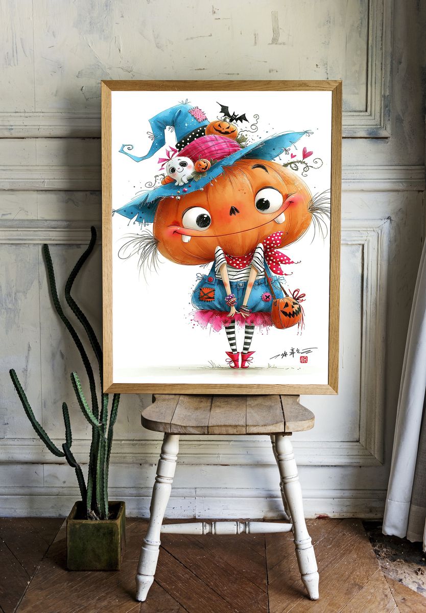 Halloween Pumpkin Girl Illustration Poster. room preview