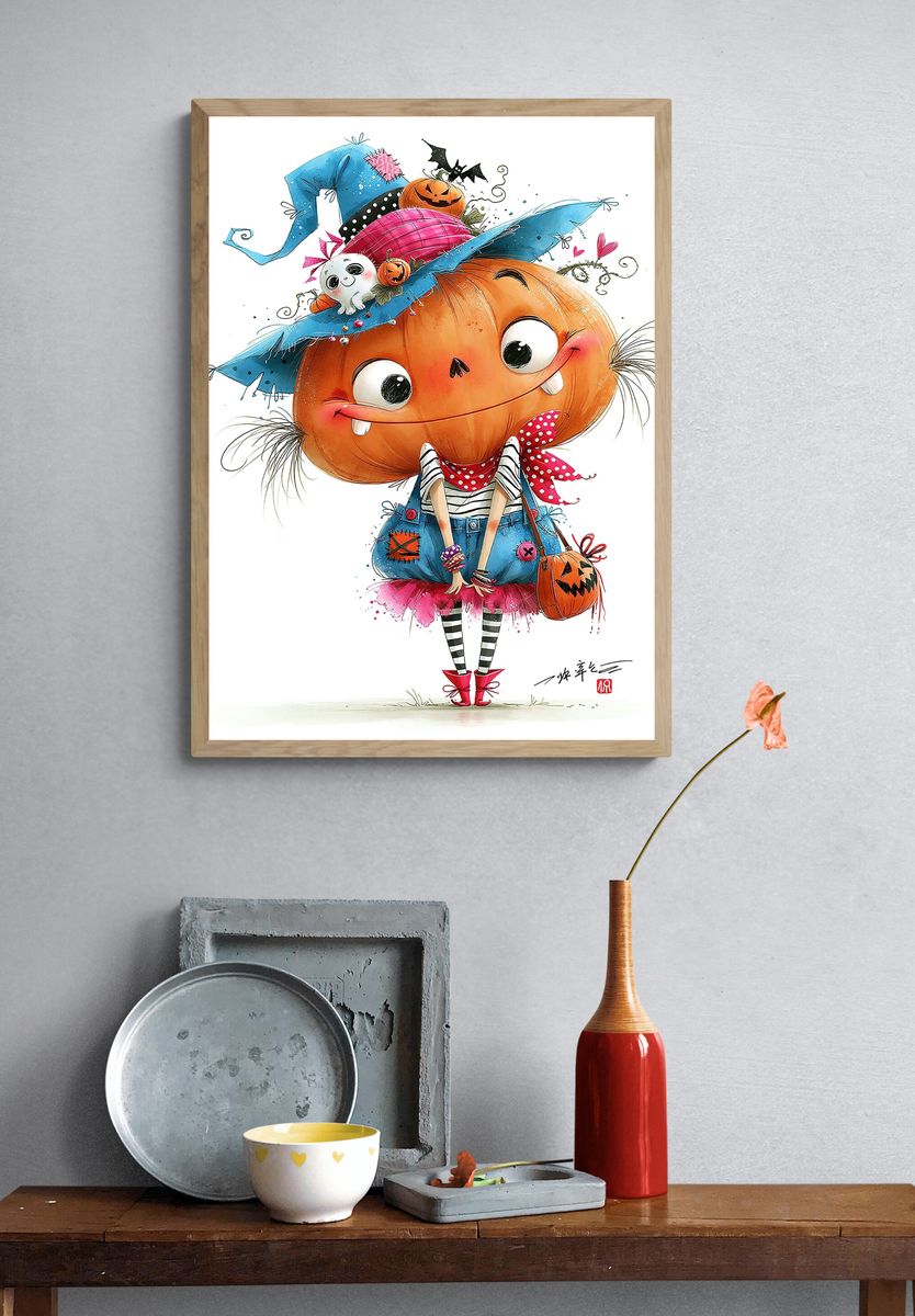 Halloween Pumpkin Girl Illustration Poster. — room view 3