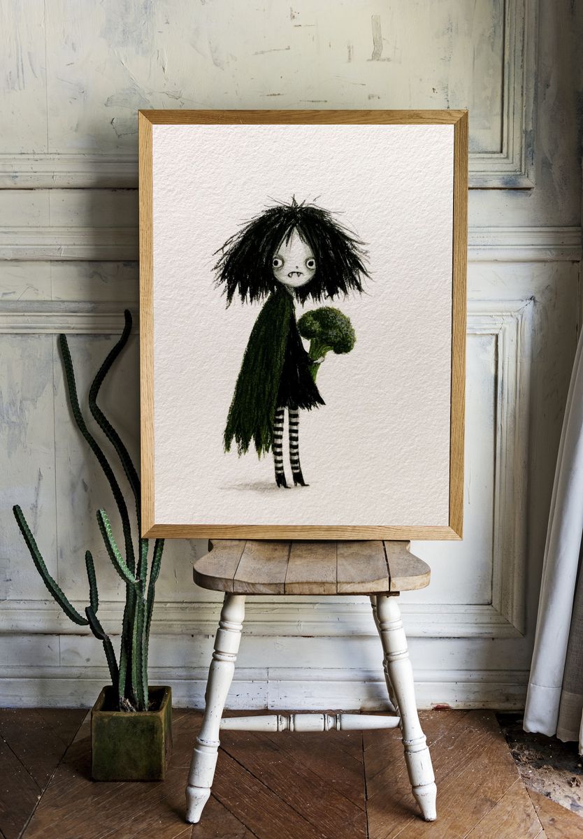 Gothic Girl with Broccoli Illustration Poster. — room view 1