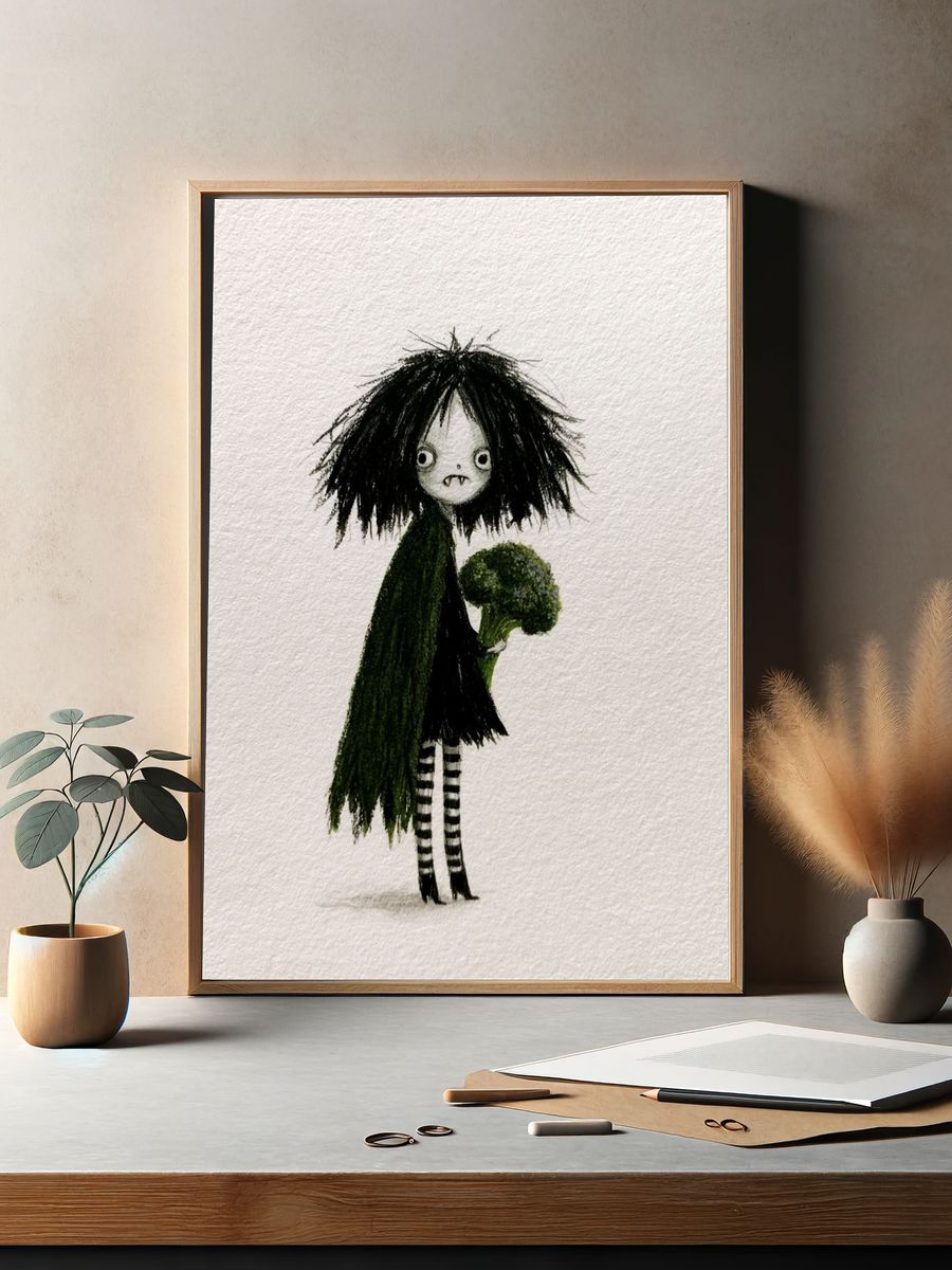 Gothic Girl with Broccoli Illustration Poster. — room view 2