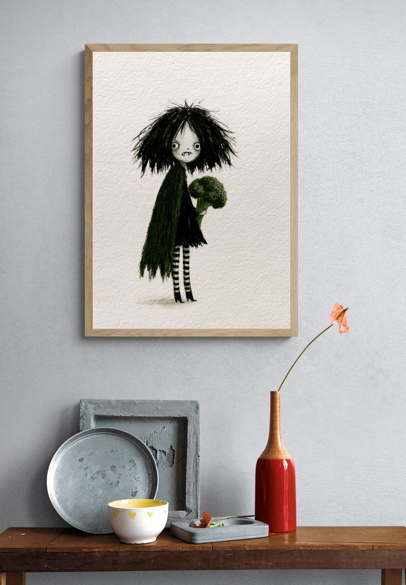 Gothic Girl with Broccoli Illustration Poster. — room view 3