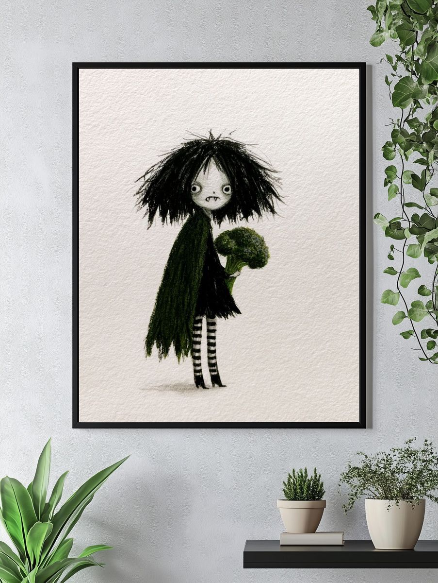 Gothic Girl with Broccoli Illustration Poster. — room view 4