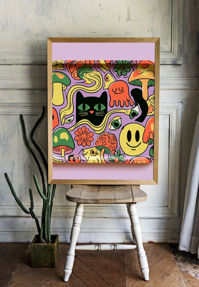Whimsical Mushroom Cat Illustration Poster. — room view 1