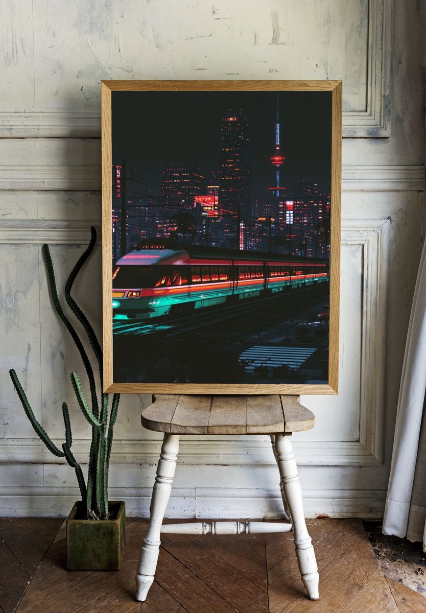 Neon City Train — Illustration Print. room preview