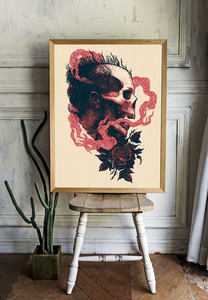Skull and Rose Ink Print. room preview