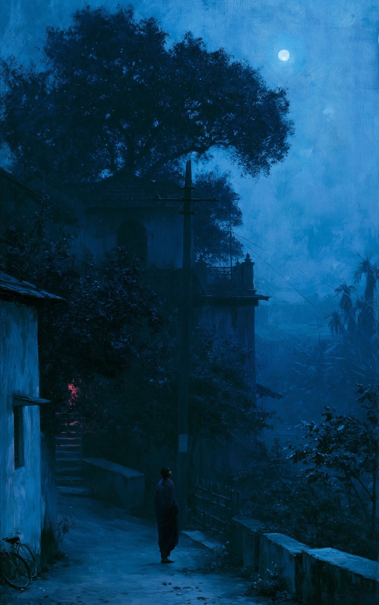 Moonlit Village Path Illustration Poster. poster — illustration art
