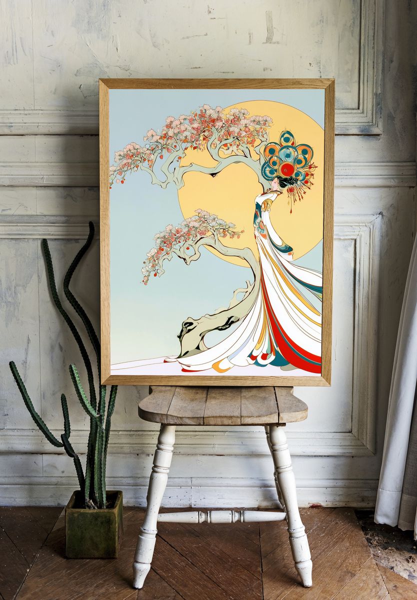 Cherry Blossom Geisha Illustration Poster. room preview