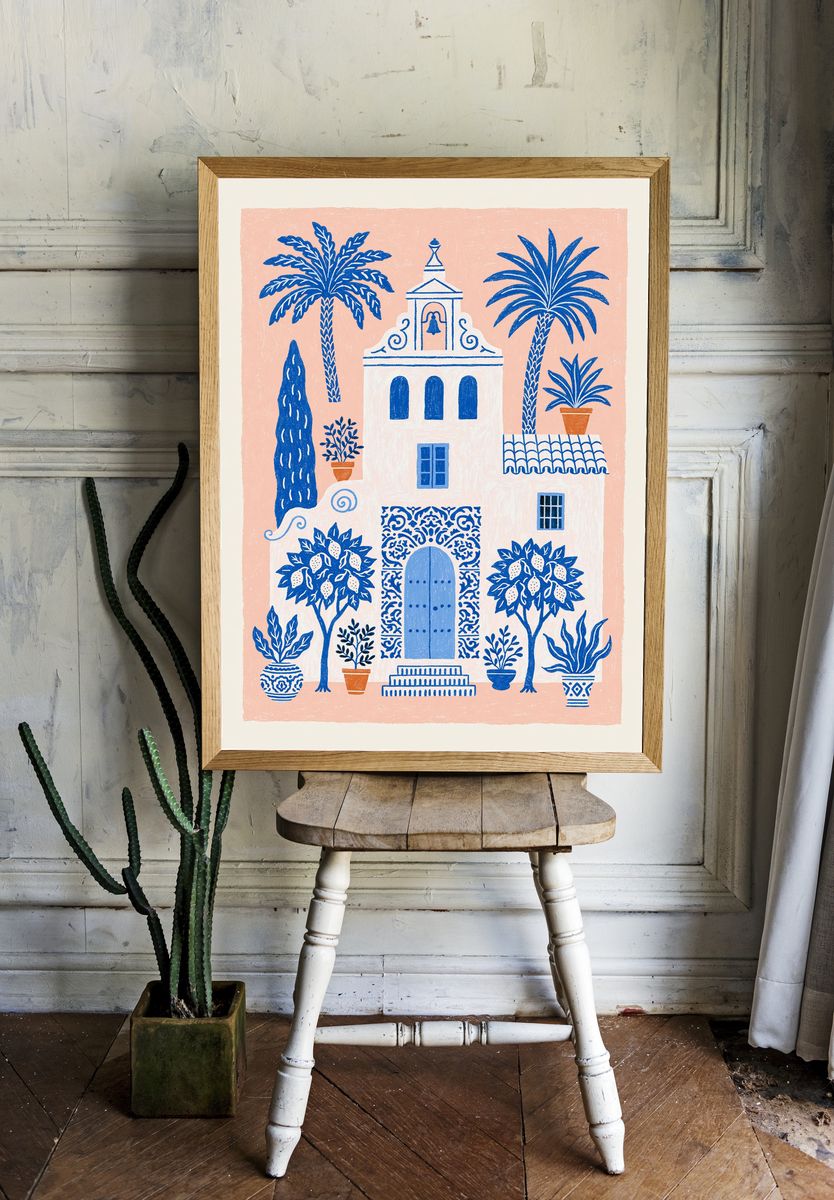 Mediterranean Courtyard Illustration Poster. room preview