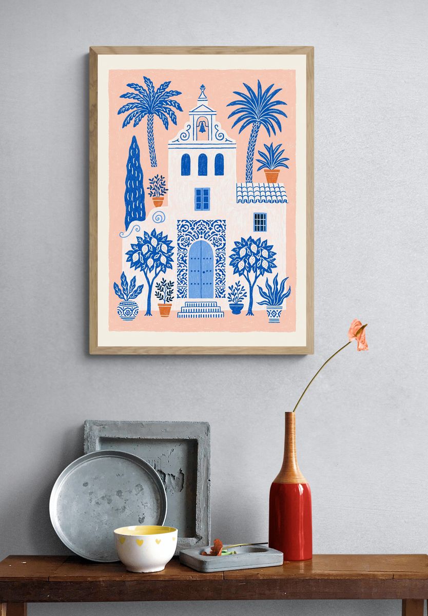 Mediterranean Courtyard Illustration Poster. — room view 3