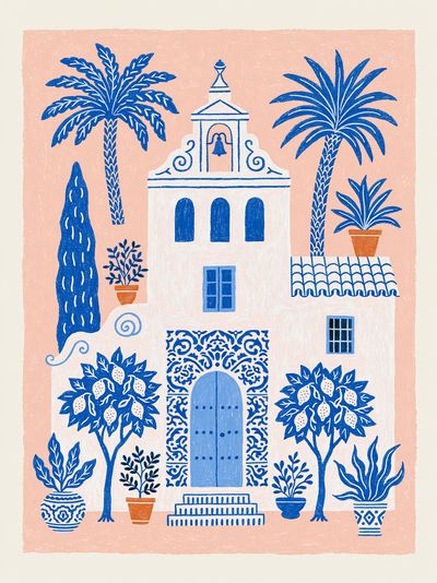 Mediterranean Courtyard Illustration Poster.