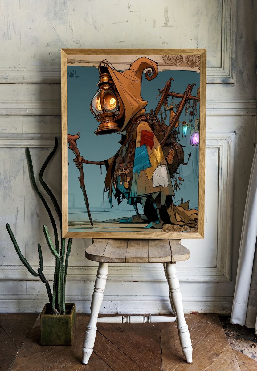Candle Lantern Hooded Figure Illustration Poster. — room view 1