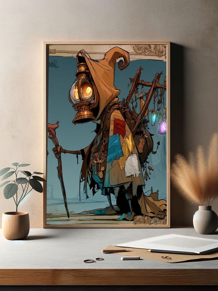 Candle Lantern Hooded Figure Illustration Poster. — room view 2