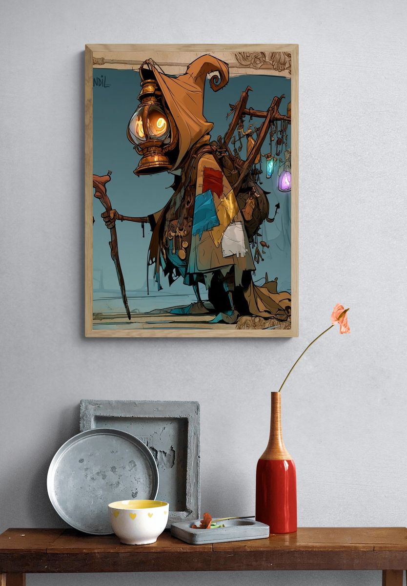 Candle Lantern Hooded Figure Illustration Poster. — room view 3