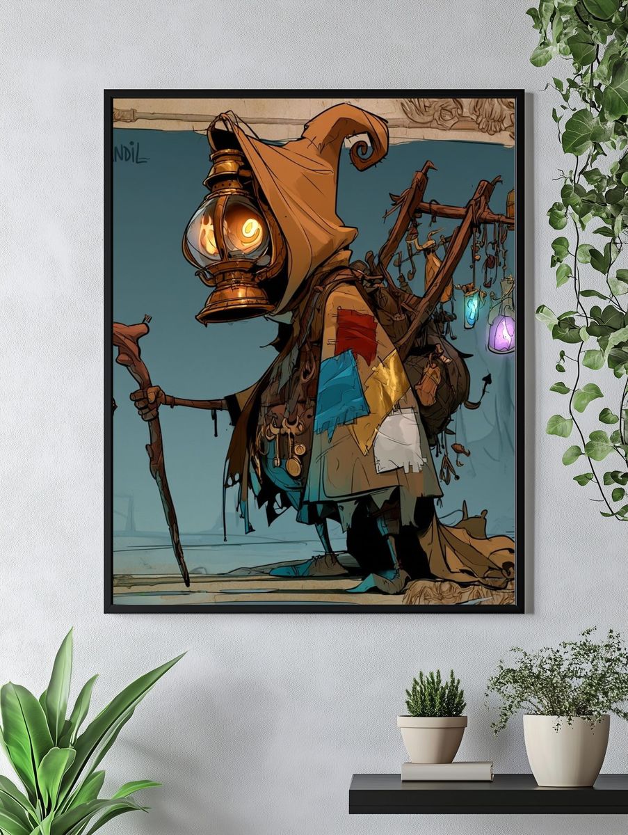 Candle Lantern Hooded Figure Illustration Poster. — room view 4