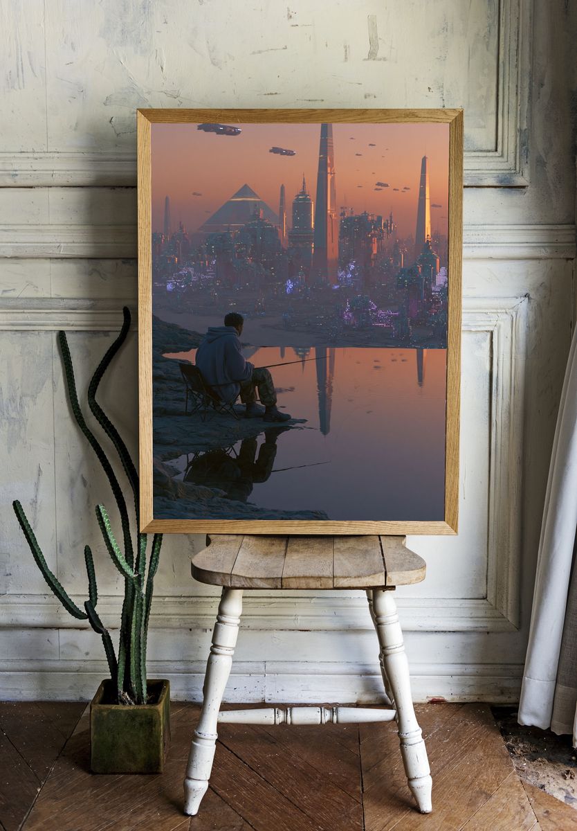 Futuristic City Sunset Poster. room preview