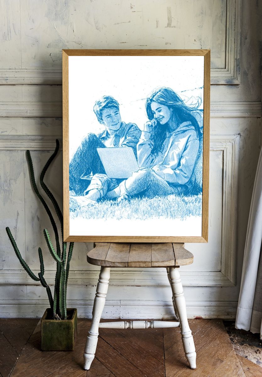 Couple with Laptop Sketch Poster. — room view 1