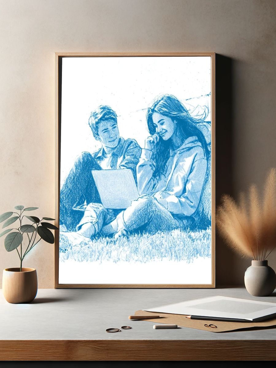 Couple with Laptop Sketch Poster. — room view 2