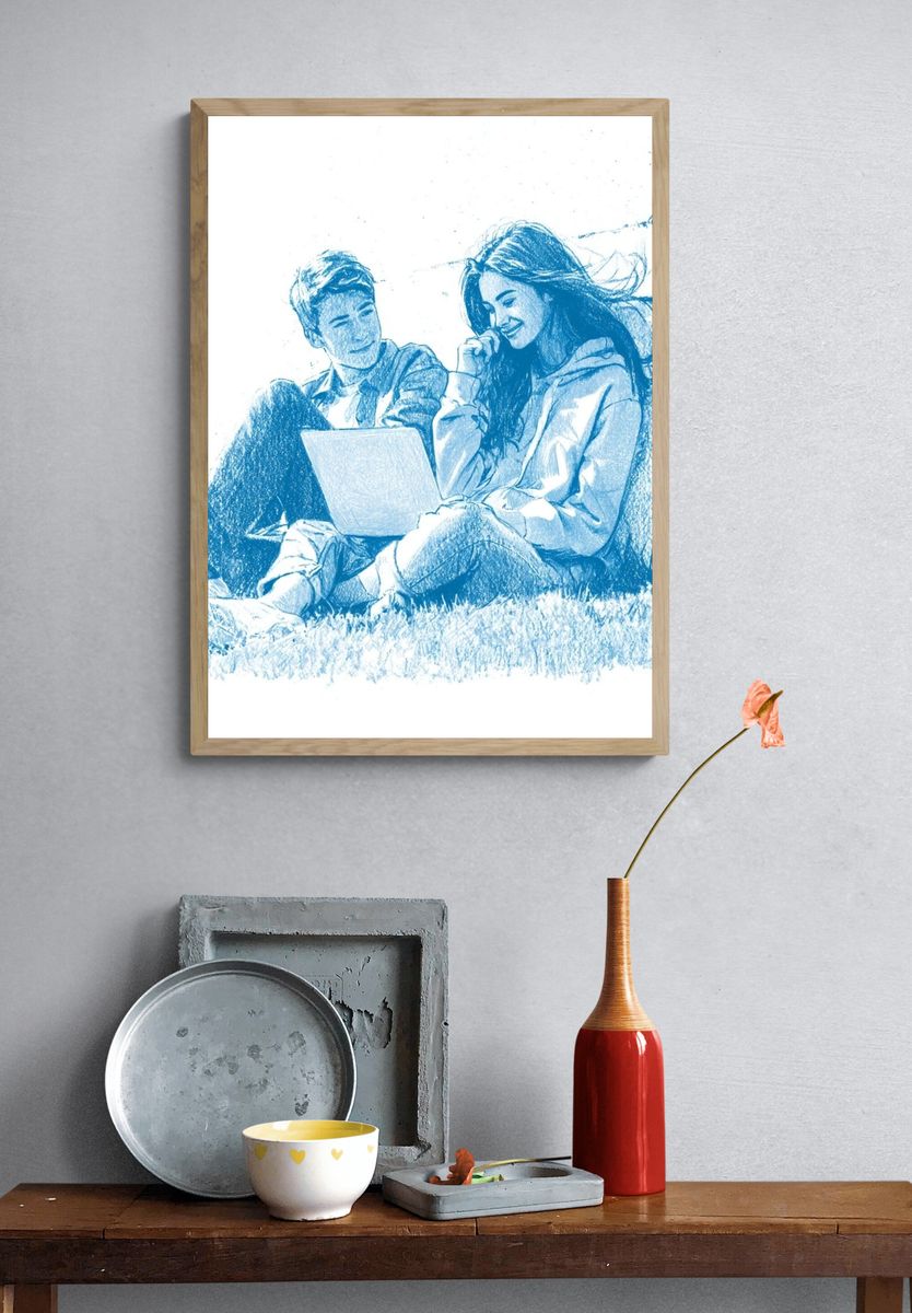 Couple with Laptop Sketch Poster. — room view 3