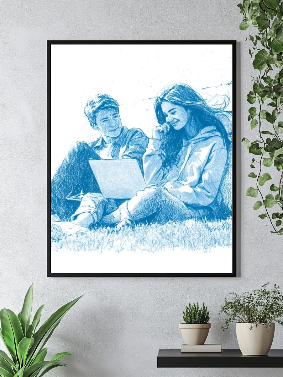 Couple with Laptop Sketch Poster. — room view 4