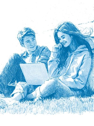 Couple with Laptop Sketch Poster.