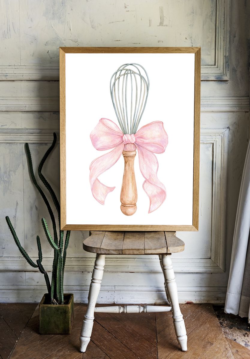 Pink Bow Whisk Watercolor Print. room preview