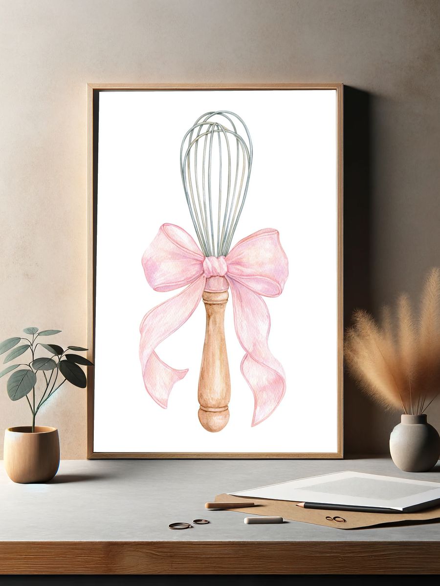 Pink Bow Whisk Watercolor Print. — room view 2