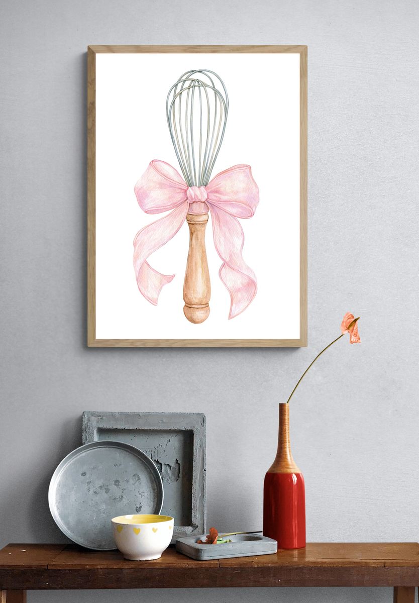 Pink Bow Whisk Watercolor Print. — room view 3