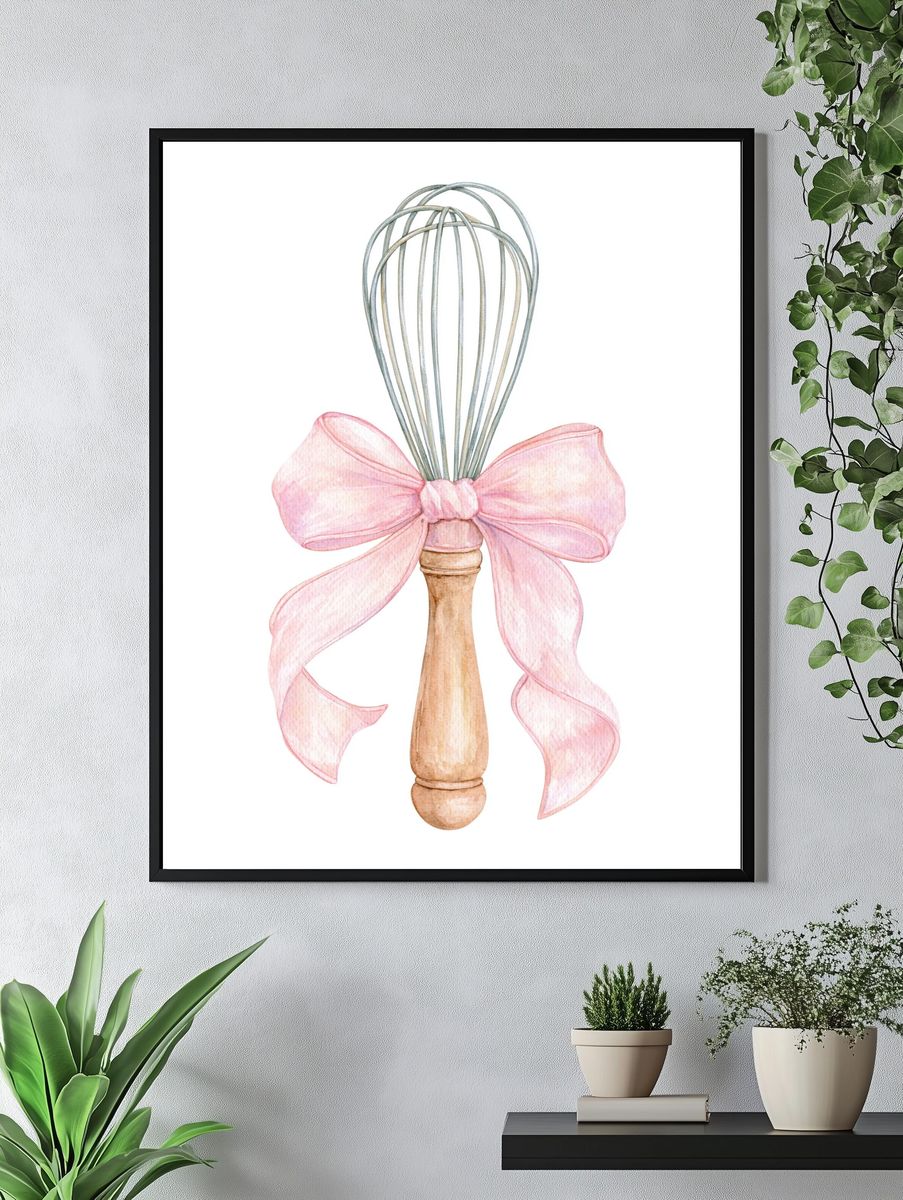 Pink Bow Whisk Watercolor Print. — room view 4