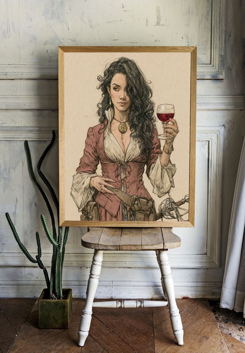 Pirate Woman with Wine Illustration Poster. — room view 1