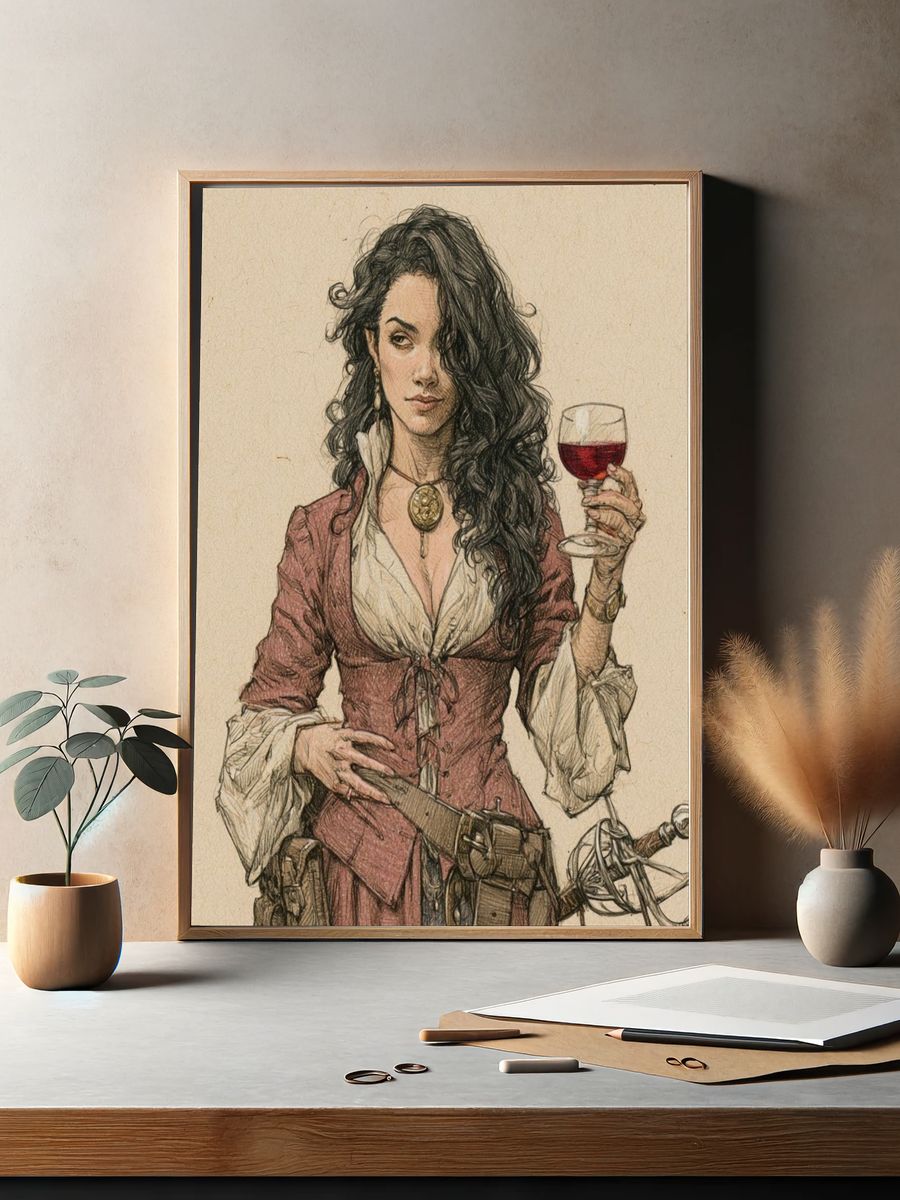 Pirate Woman with Wine Illustration Poster. — room view 2