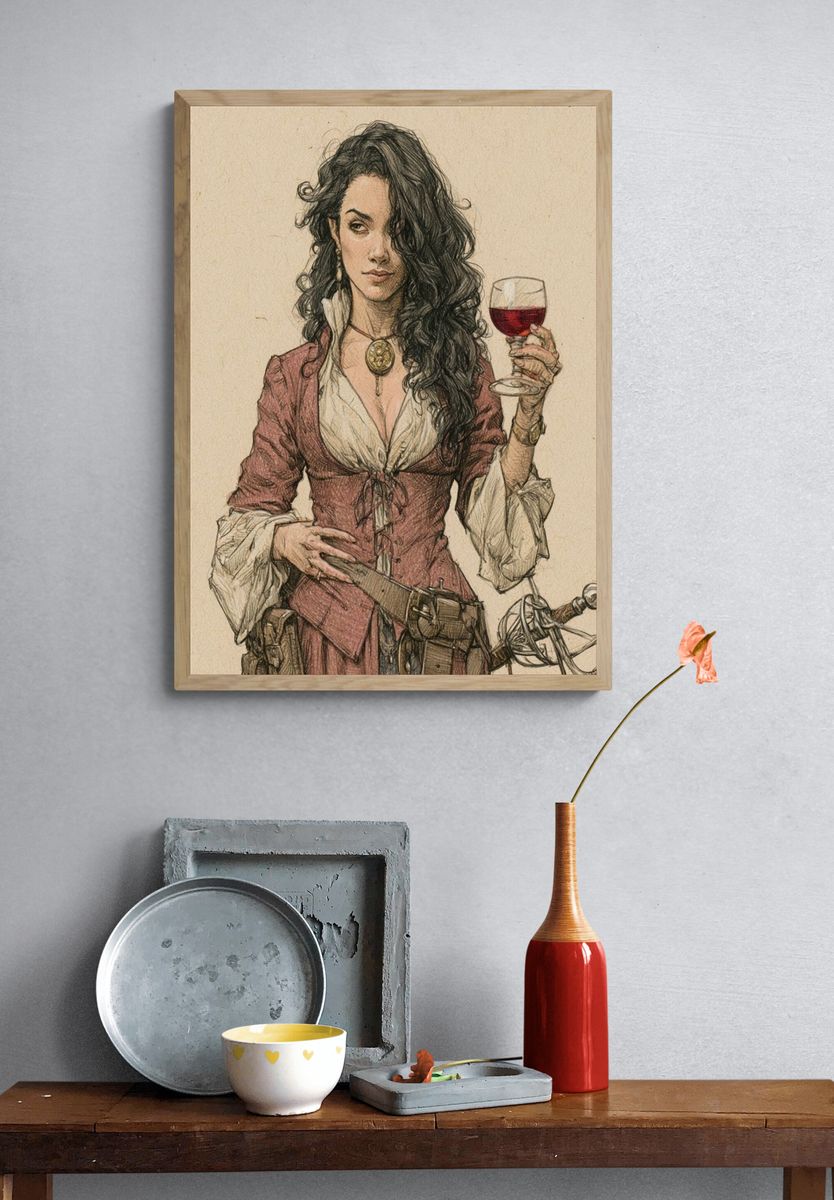Pirate Woman with Wine Illustration Poster. — room view 3