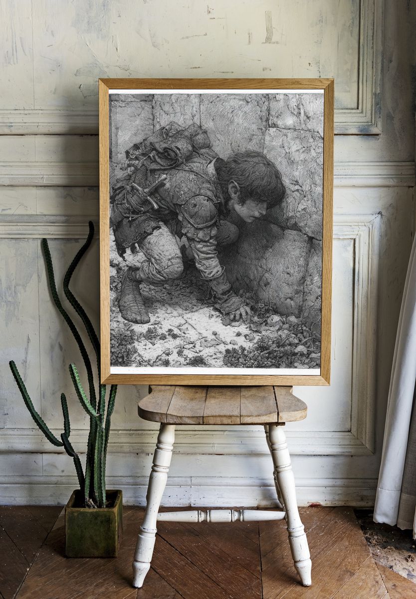 Crouching Scout Ink Print. room preview