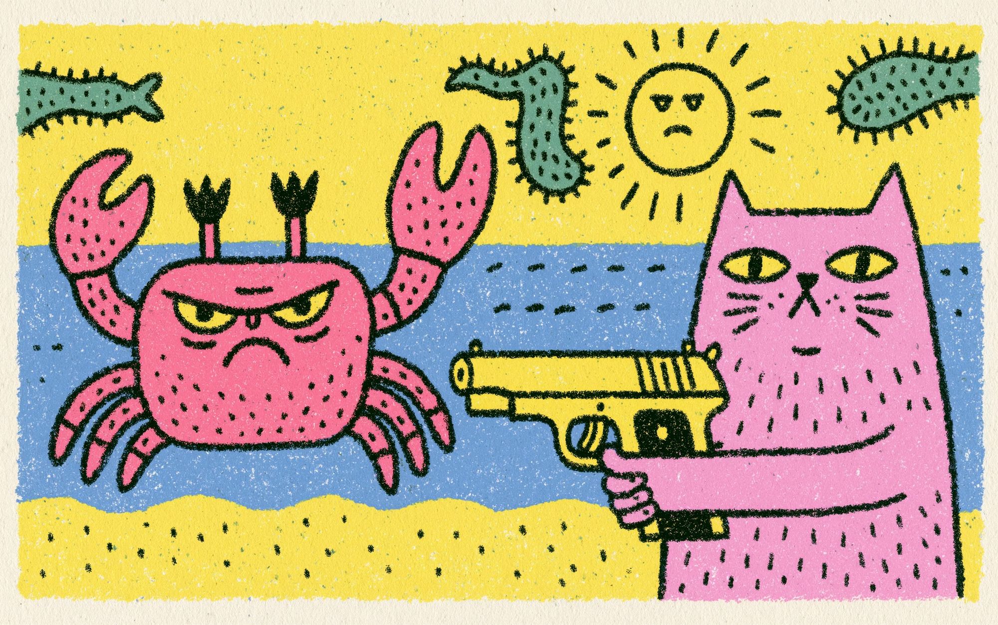 Pink Cat and Crab Cartoon Poster. poster — illustration art