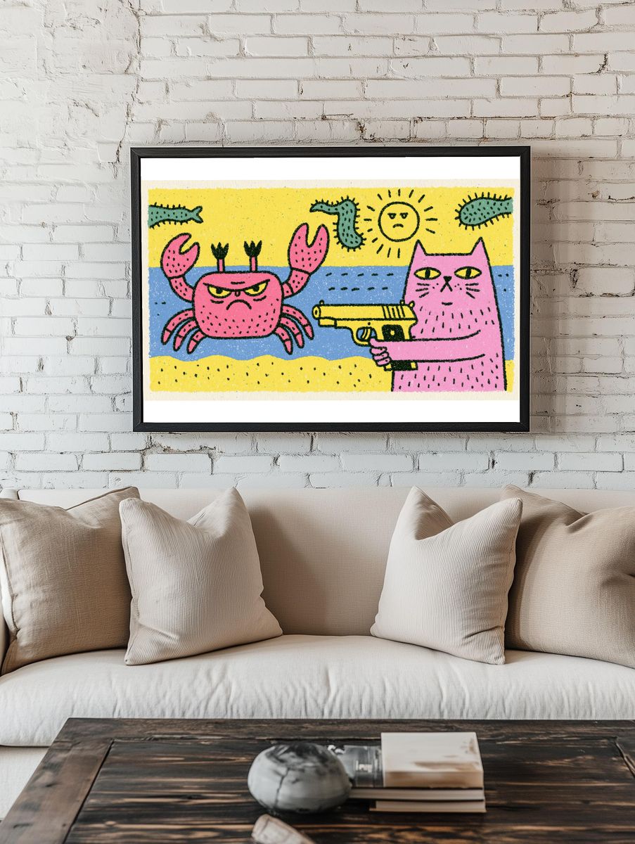 Pink Cat and Crab Cartoon Poster. — room view 1