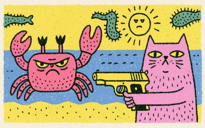 Pink Cat and Crab Cartoon Poster. poster print