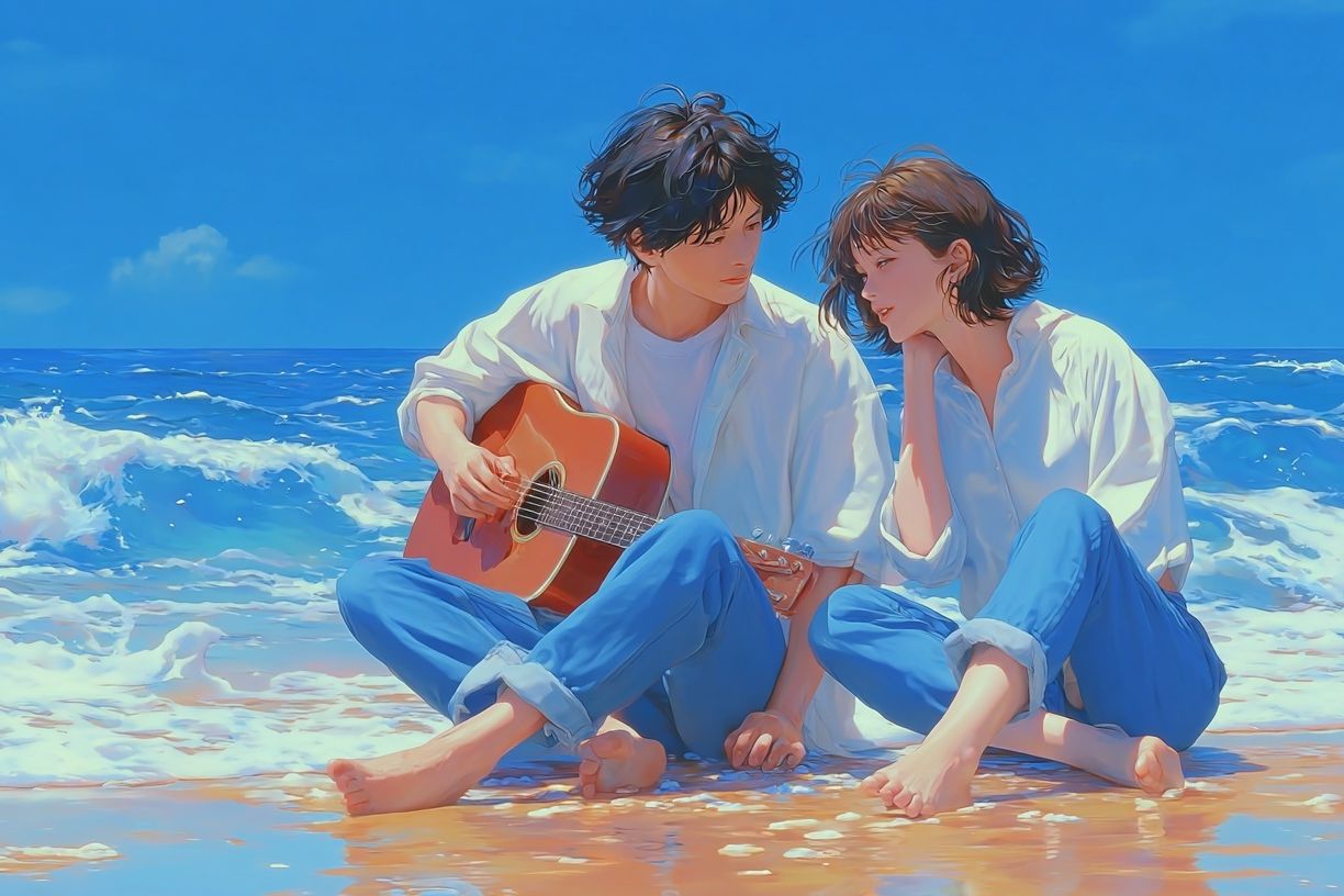 Beach Guitar Couple Illustration Poster. poster — illustration art