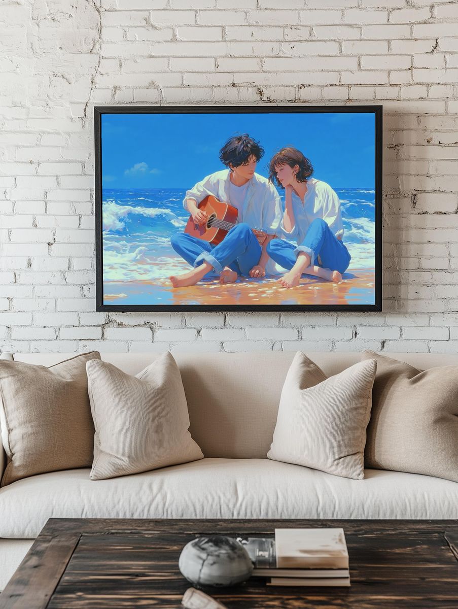 Beach Guitar Couple Illustration Poster room preview