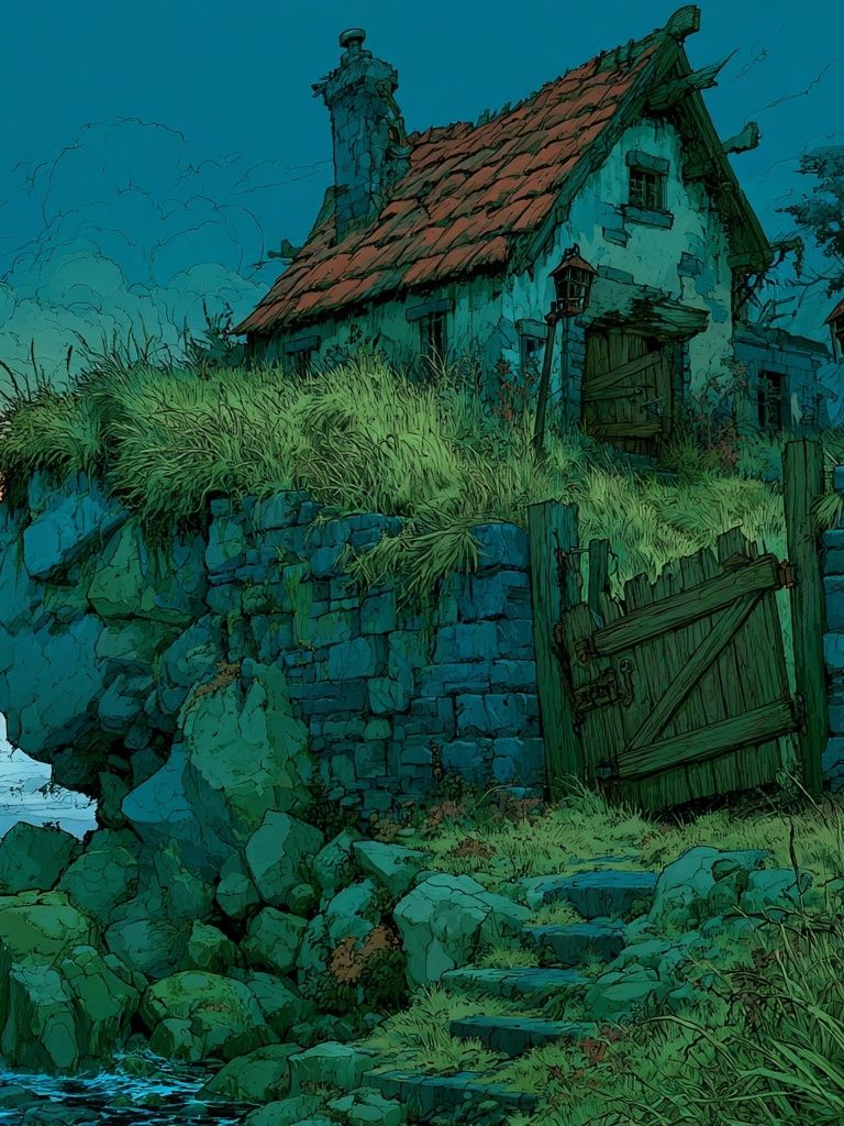 Clifftop Cottage at Dusk Illustration Poster. poster — illustration art