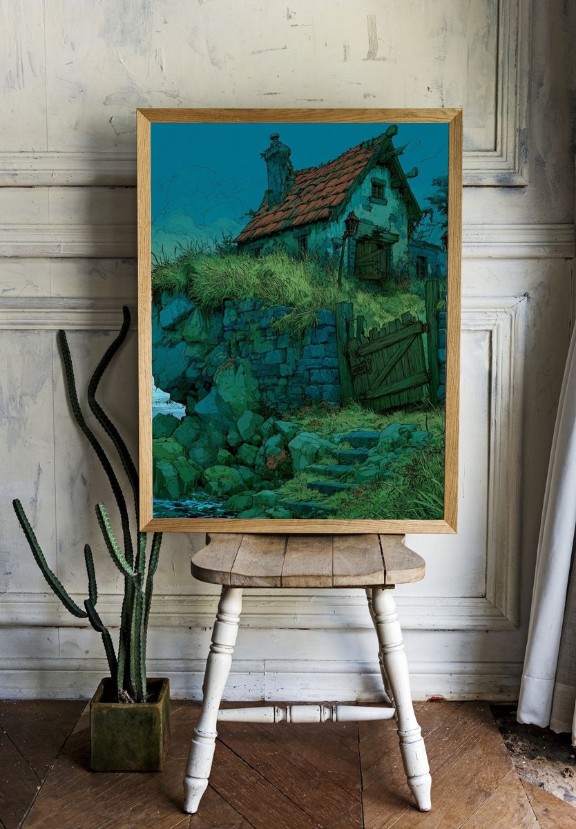 Clifftop Cottage at Dusk Illustration Poster. — room view 1