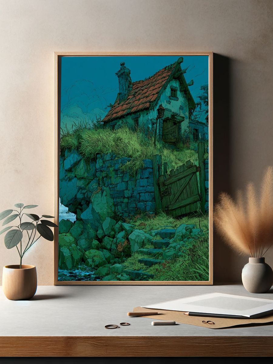 Clifftop Cottage at Dusk Illustration Poster. — room view 2
