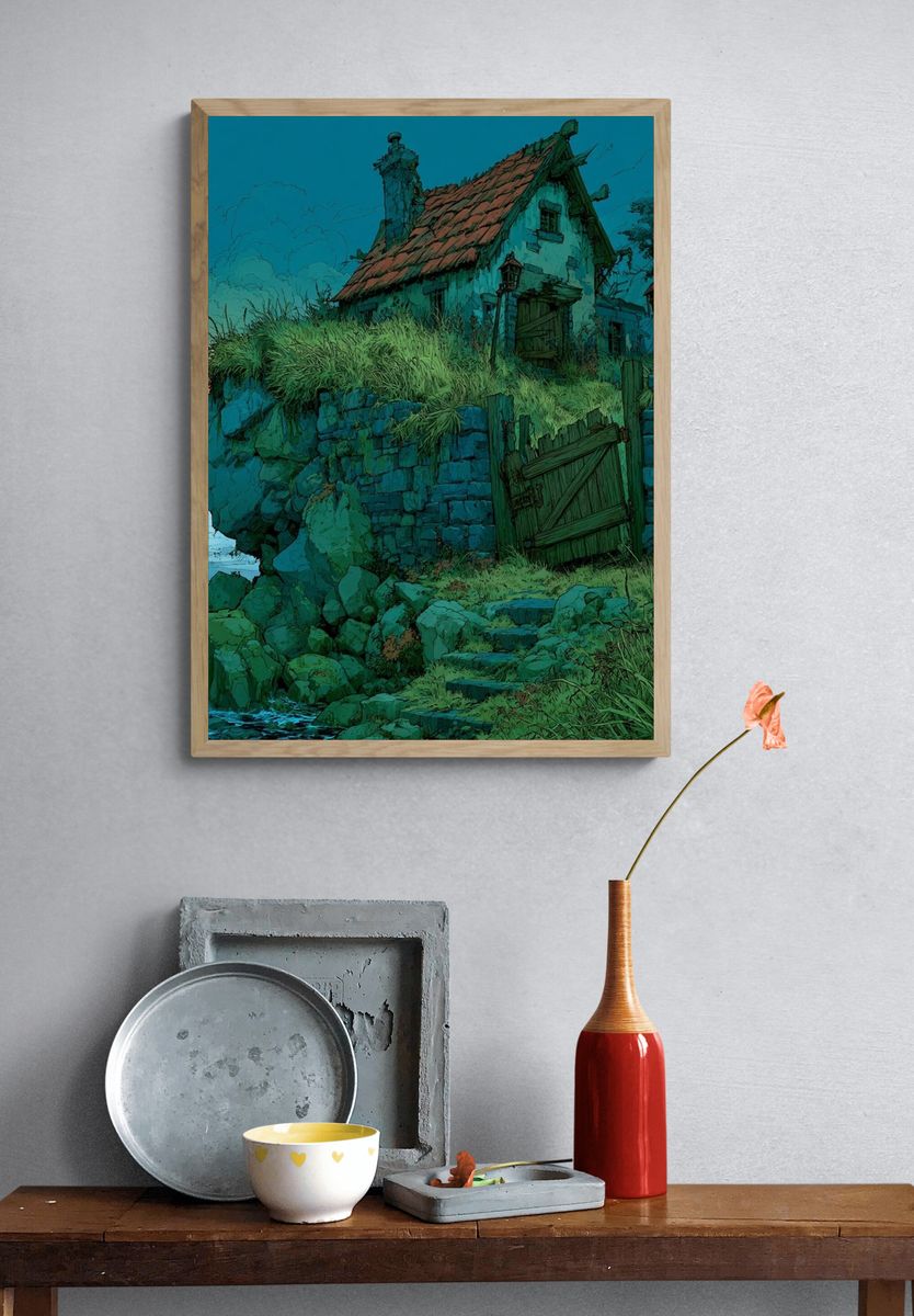 Clifftop Cottage at Dusk Illustration Poster. — room view 3