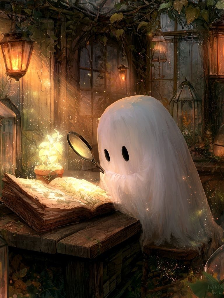 Ghost Reading in Lantern Garden Poster. poster detail