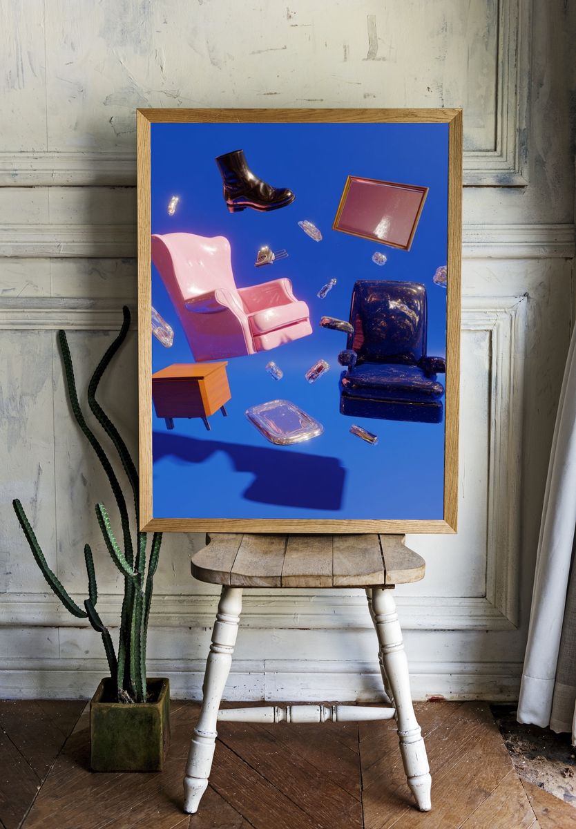 Floating Furniture Surrealism Poster. room preview