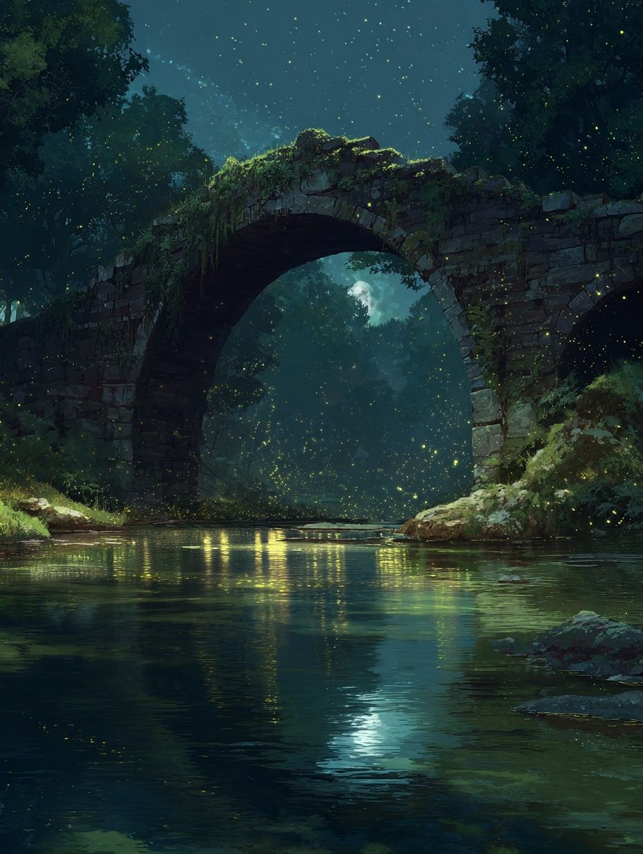 Moonlit Forest Bridge Illustration Poster. poster detail