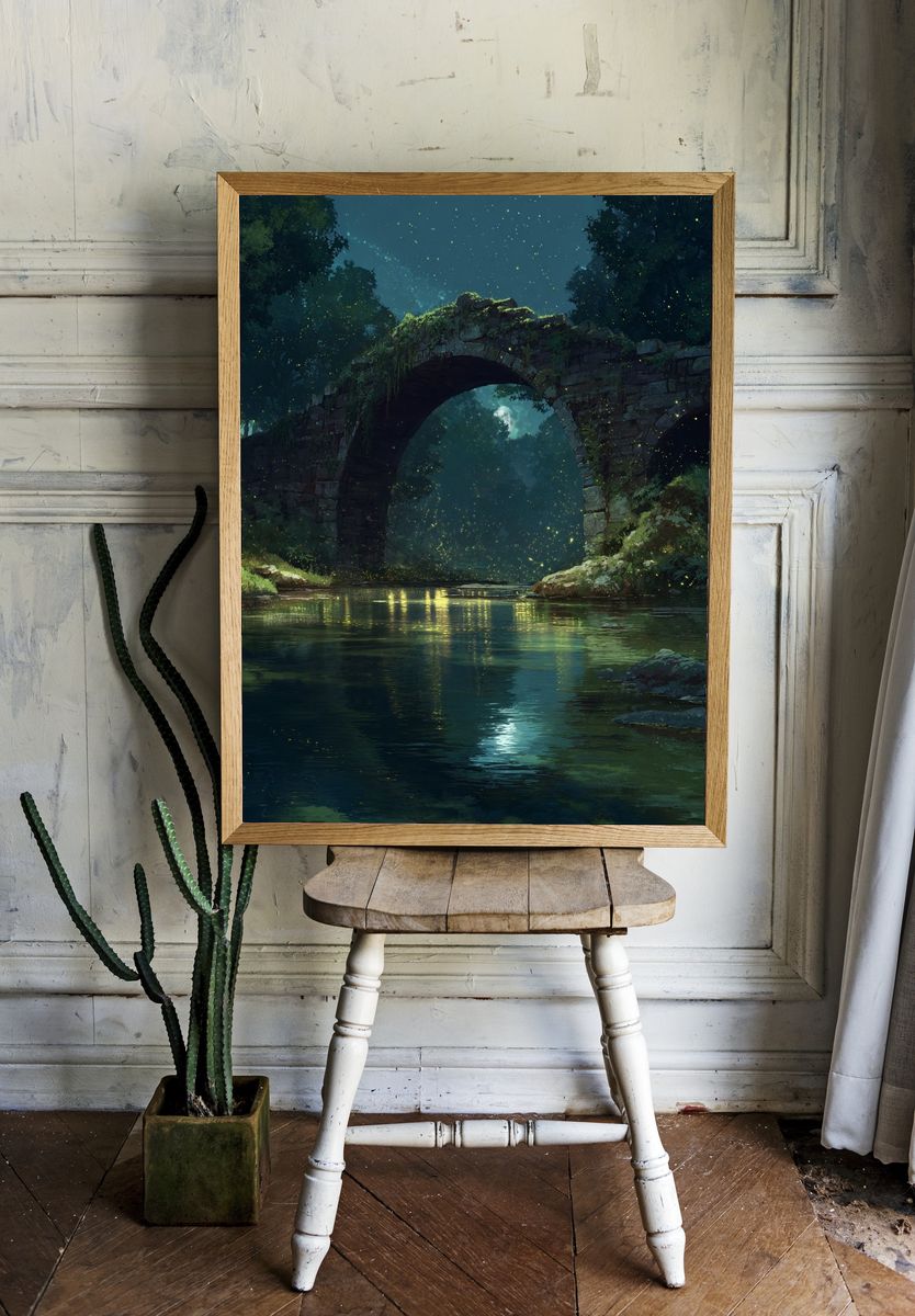 Moonlit Forest Bridge Illustration Poster. room preview