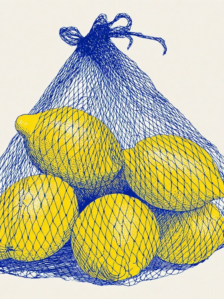 Lemons in Mesh Bag Illustration Poster. poster — illustration art