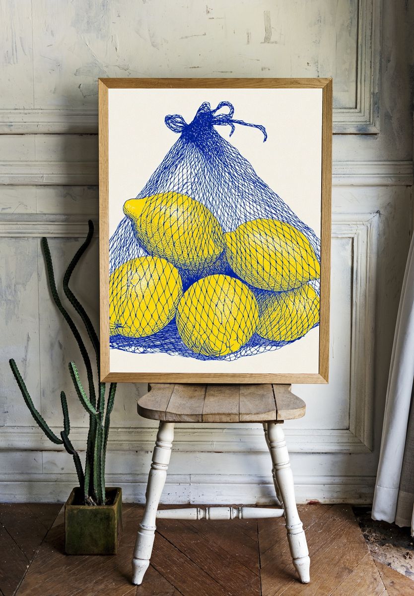 Lemons in Mesh Bag Illustration Poster. room preview