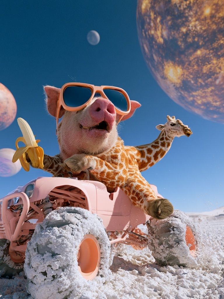 Surreal Pig and Giraffe Moon Poster. poster detail