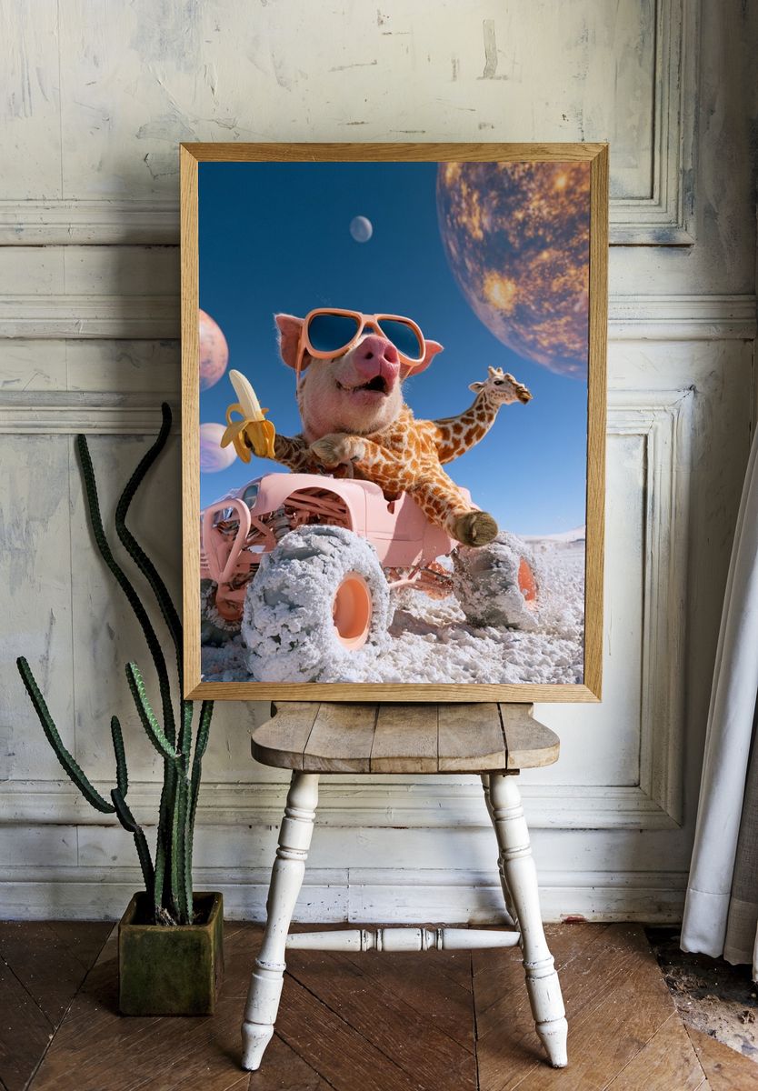 Surreal Pig and Giraffe Moon Poster. room preview